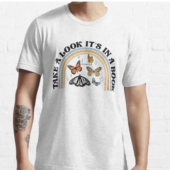 "TAKE A LOOK IT'S IN A BOOK" reading rainbow butterfly tee shirt size large FLAW - Picture 1 of 7